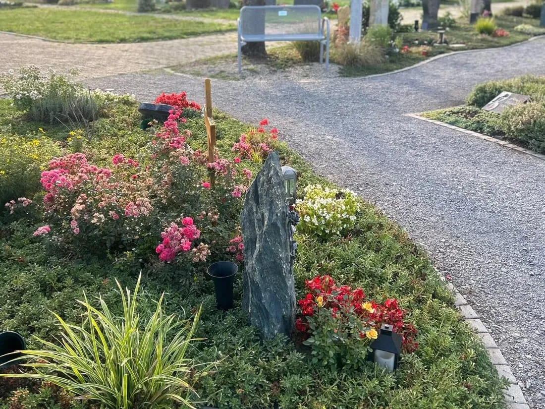 Grabfeld Bad Rappenau: rundes Beet mit Rosen, Schieferstele und Ziergras an einem geschwungenen Kiesweg